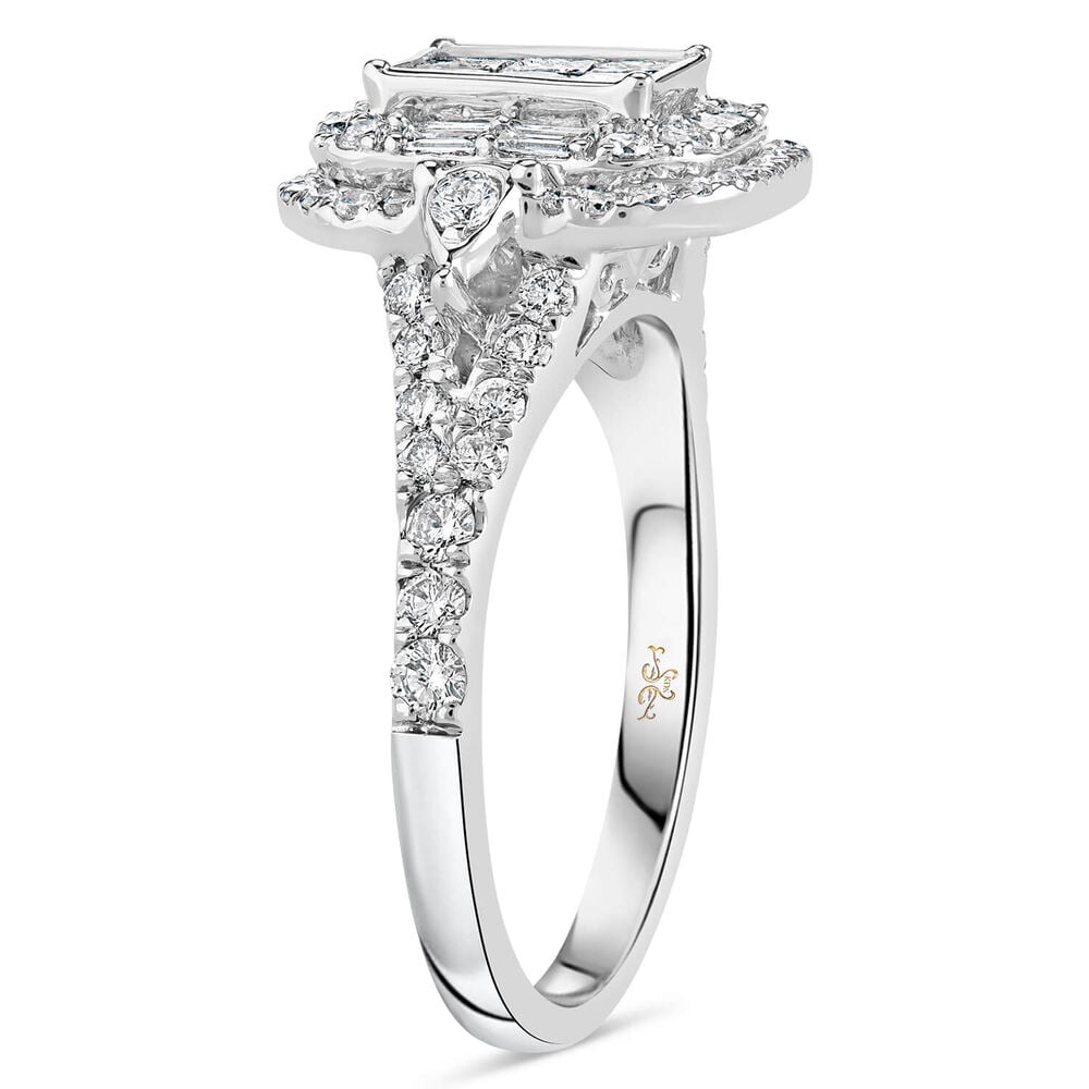 18ct White Gold Rectangular Princess & Baguette Halo Shoulders Ring