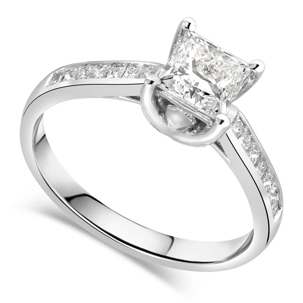 18ct White Gold Tulip Setting Princess Cut Solid With 1 Carat Diamond Set Shoulders Ring