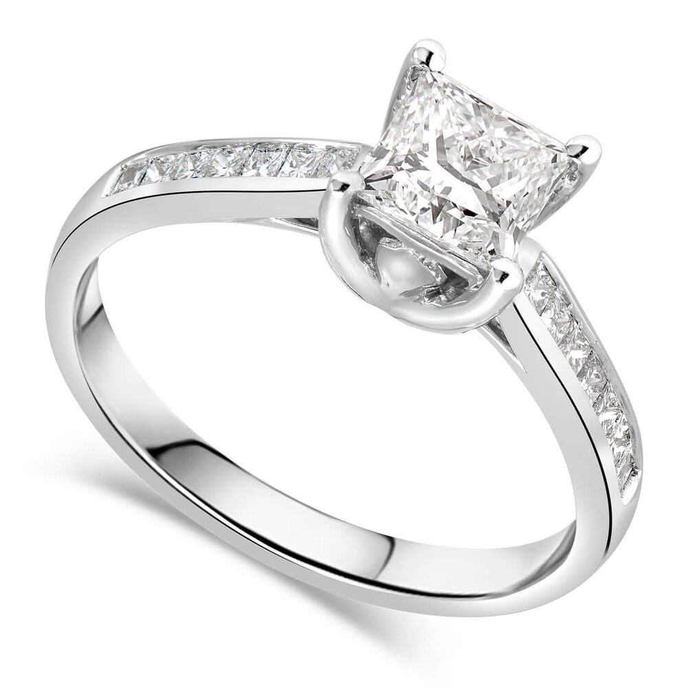 18ct White Gold Tulip Setting Princess Cut Solid With 1 Carat Diamond Set Shoulders Ring image number 0