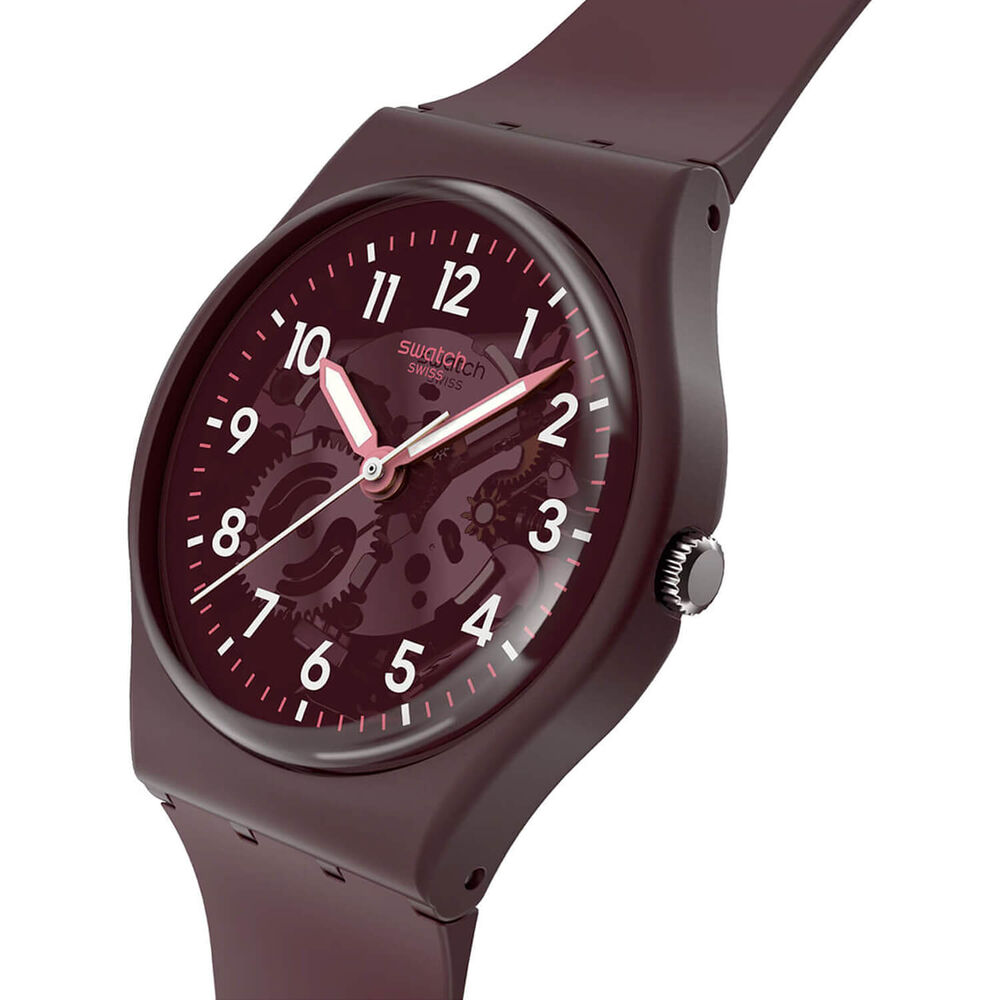 Swatch Thru The Crown Glass 34mm Burgundy Dial Silicone Strap Watch image number 2