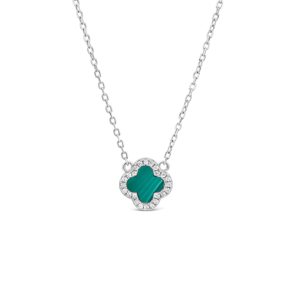 Sterling Silver Malachite & Cubic Zirconia Clover Petal Necklet