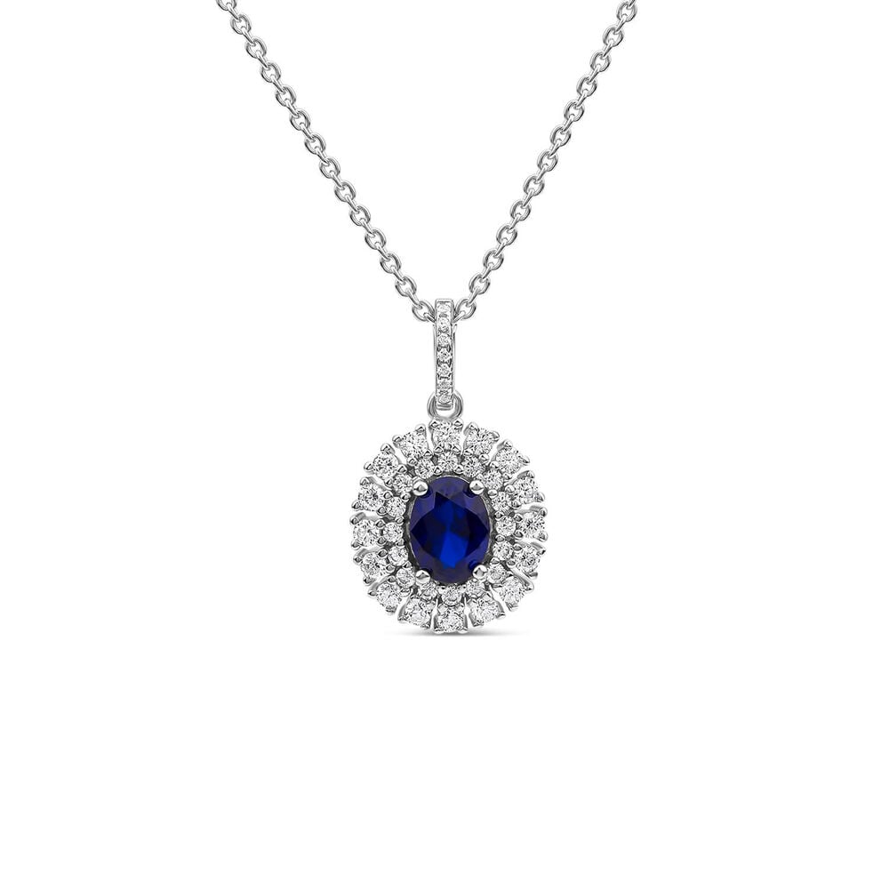 Sterling Silver Blue & White Cubic Zirconia Double Halo Pendant
