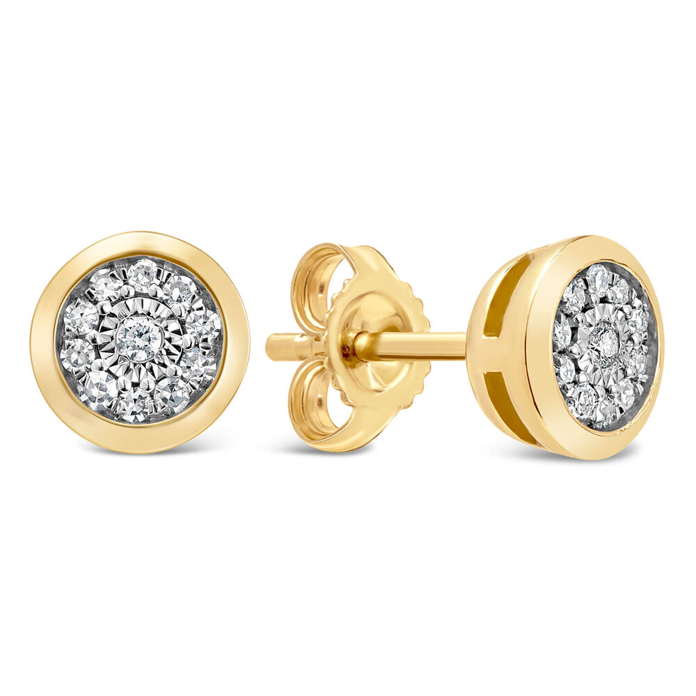9ct Yellow Gold Illusion 0.10ct Diamond Set Rubover Cluster Stud Earrings