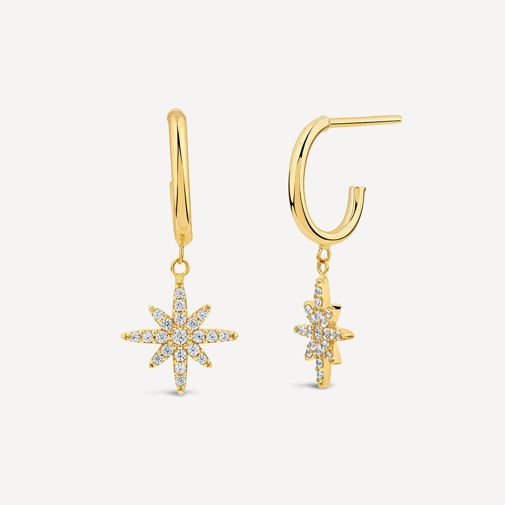 9ct Yellow Gold Cubic Zirconia Set North Star Hoop Earrings image number 2