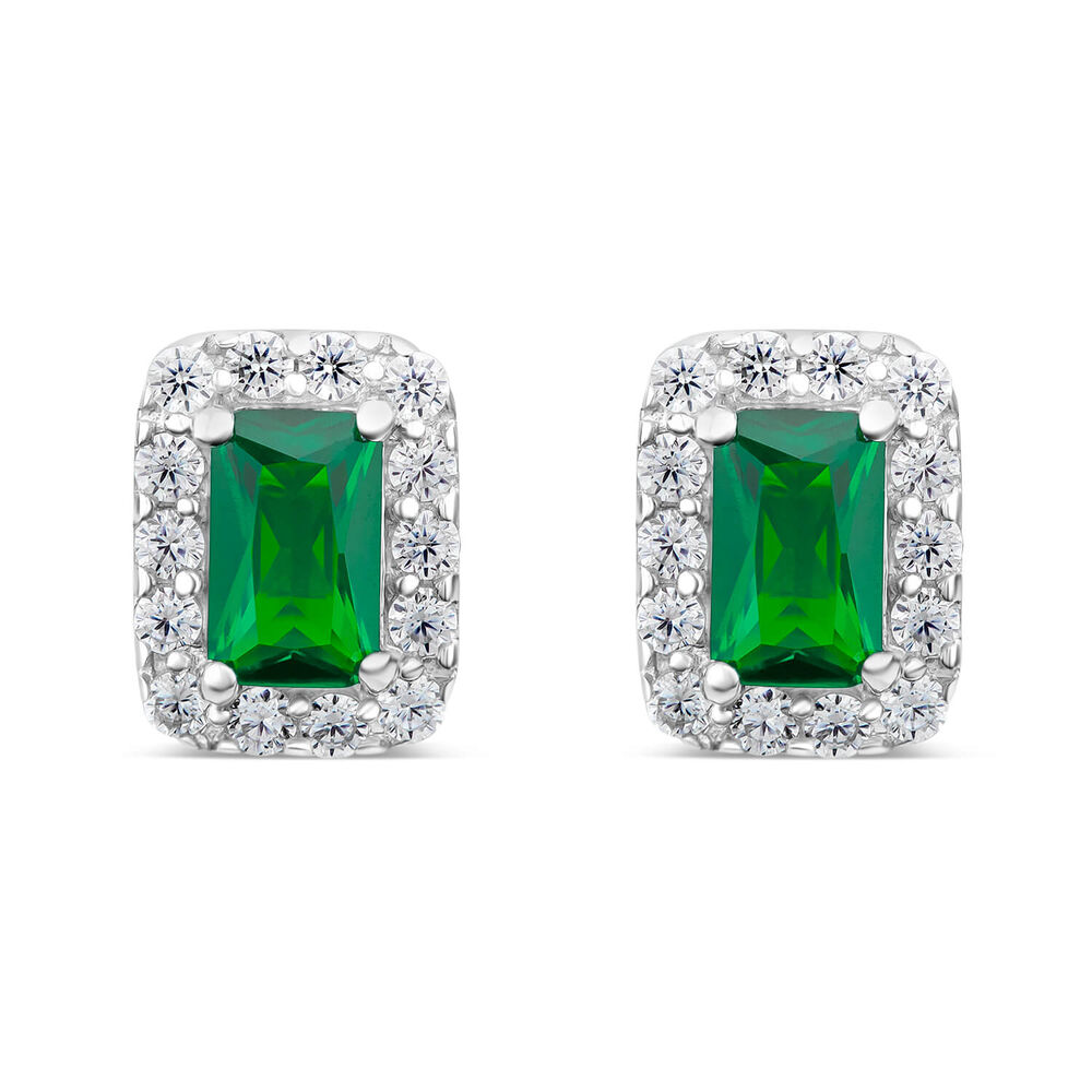 9ct White Gold Rectangular Created Emerald & Cubic Zirconia Frame Stud Earring