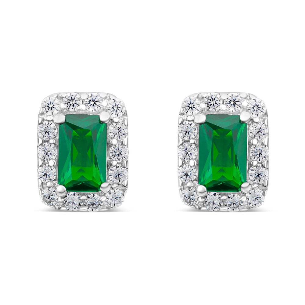 9ct White Gold Rectangular Created Emerald & Cubic Zirconia Frame Stud Earring image number 0