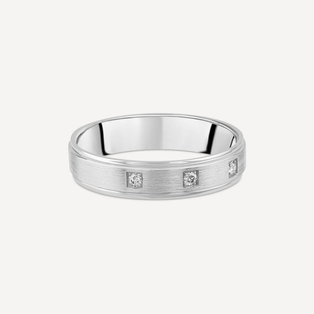 Platinum 0.08ct Diamond 3 Stone Matte Men's Wedding Ring image number 2