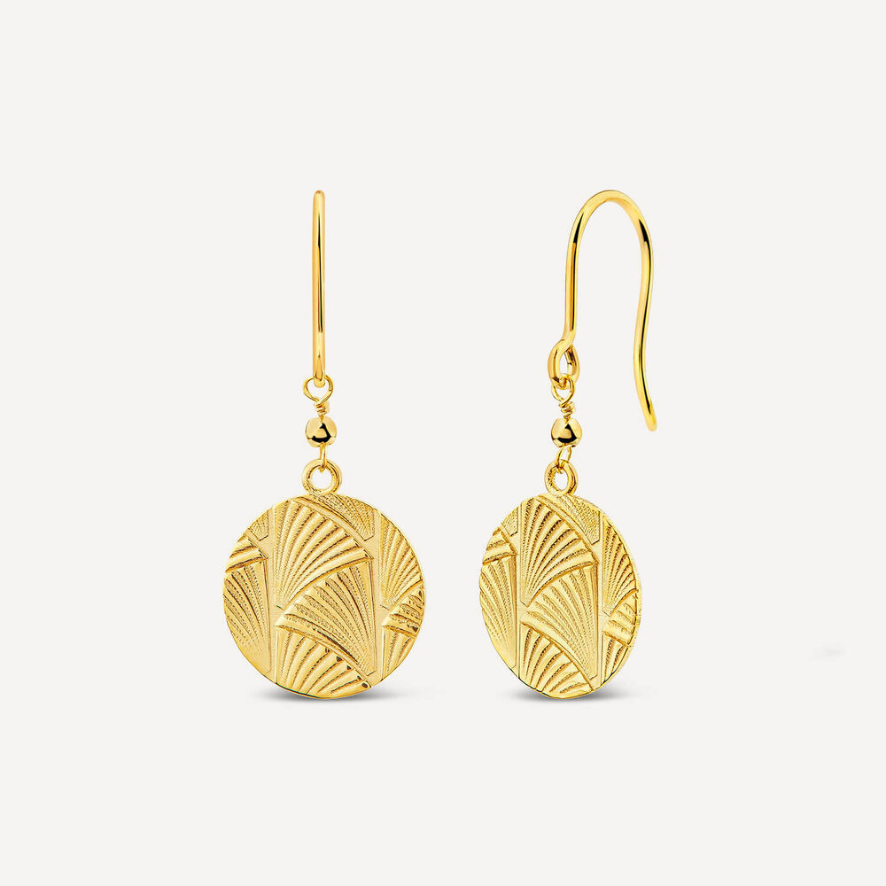 9ct Yellow Gold Textured Round Disc Drop Earrings