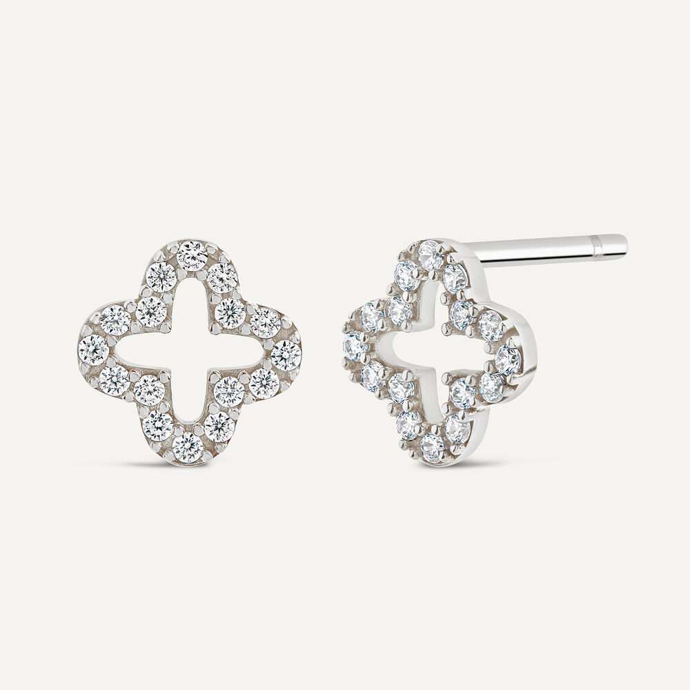 9ct White Gold Cubic Zirconia Set Open Clover Petal Stud Earrings