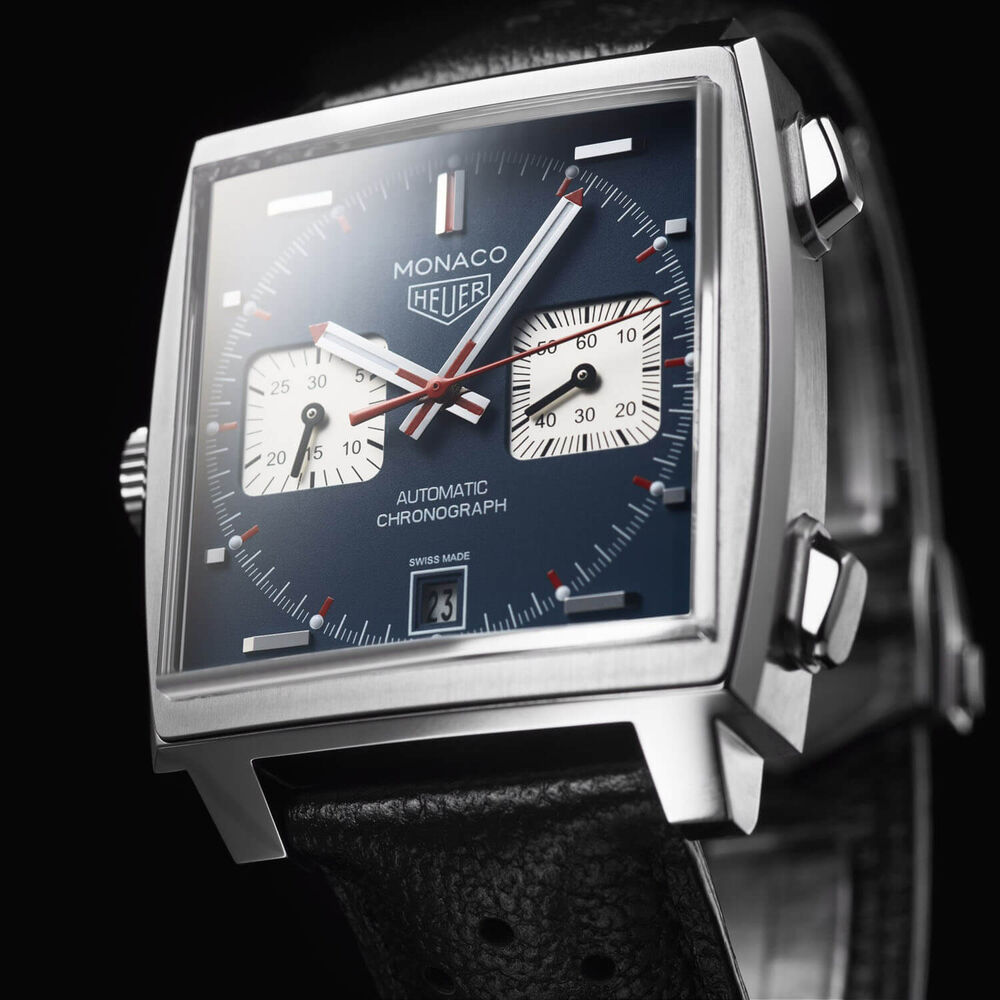 TAG Heuer Monaco Chronograph 39mm Blue Dial Black Leather Strap Watch image number 6