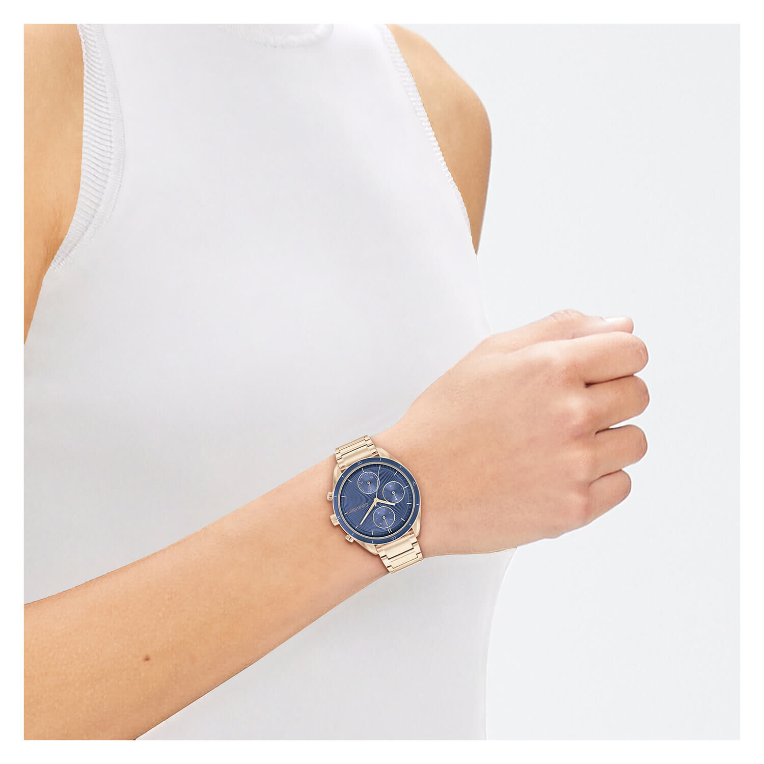Blue dial rose gold watch on sale