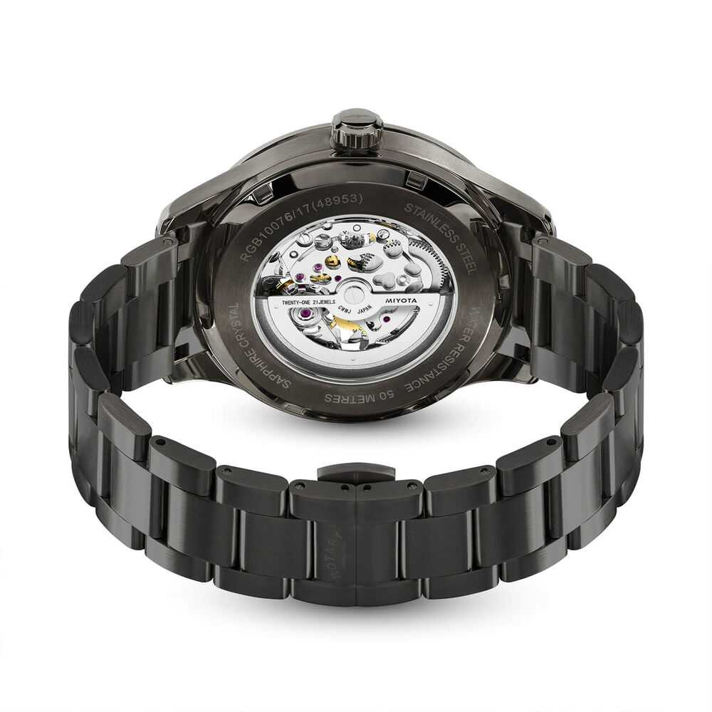 Rotary Greenwich Skeleton 42mm Red Dial Gunmetal Stainless Steel Bracelet Watch