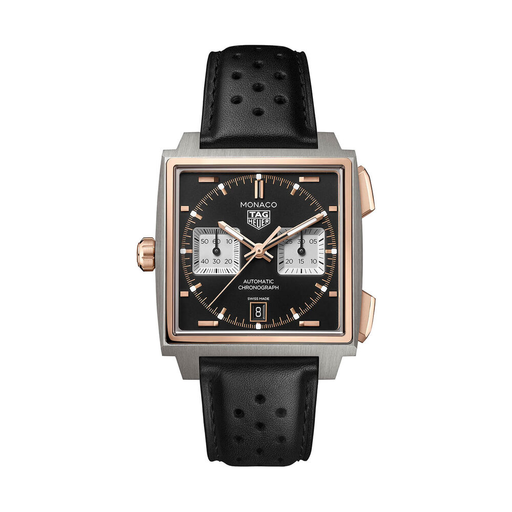 TAG Heuer Monaco Chronograph 39mm Titanium & 18K 5N Rose Gold Case Black Leather Strap Watch