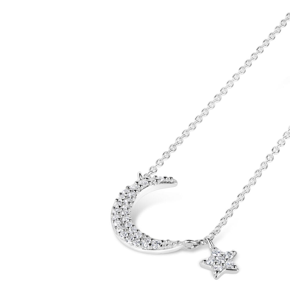 Sterling Silver Cubic Zirconia Moon & Star Necklet image number 1