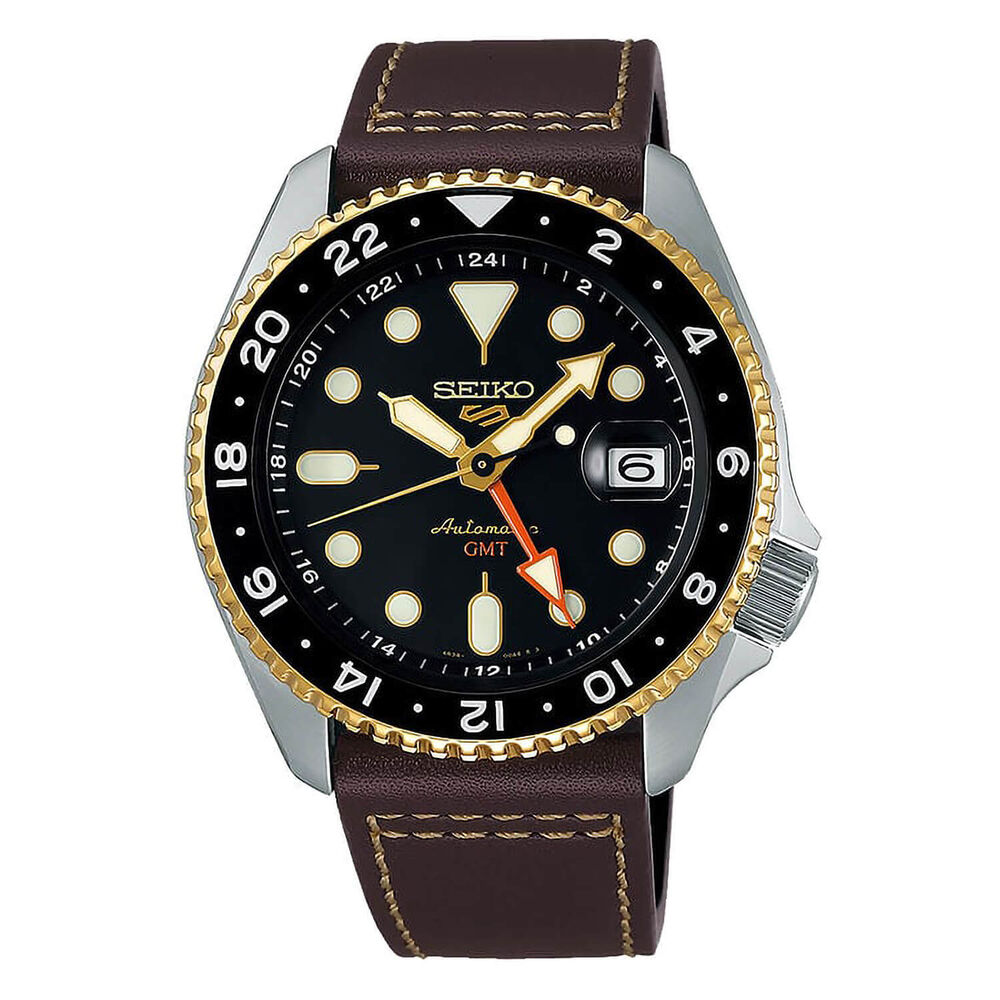Seiko 5 Sports SKX GMT Mocha 42.5mm Black Dial Brown Leather Strap Watch image number 0