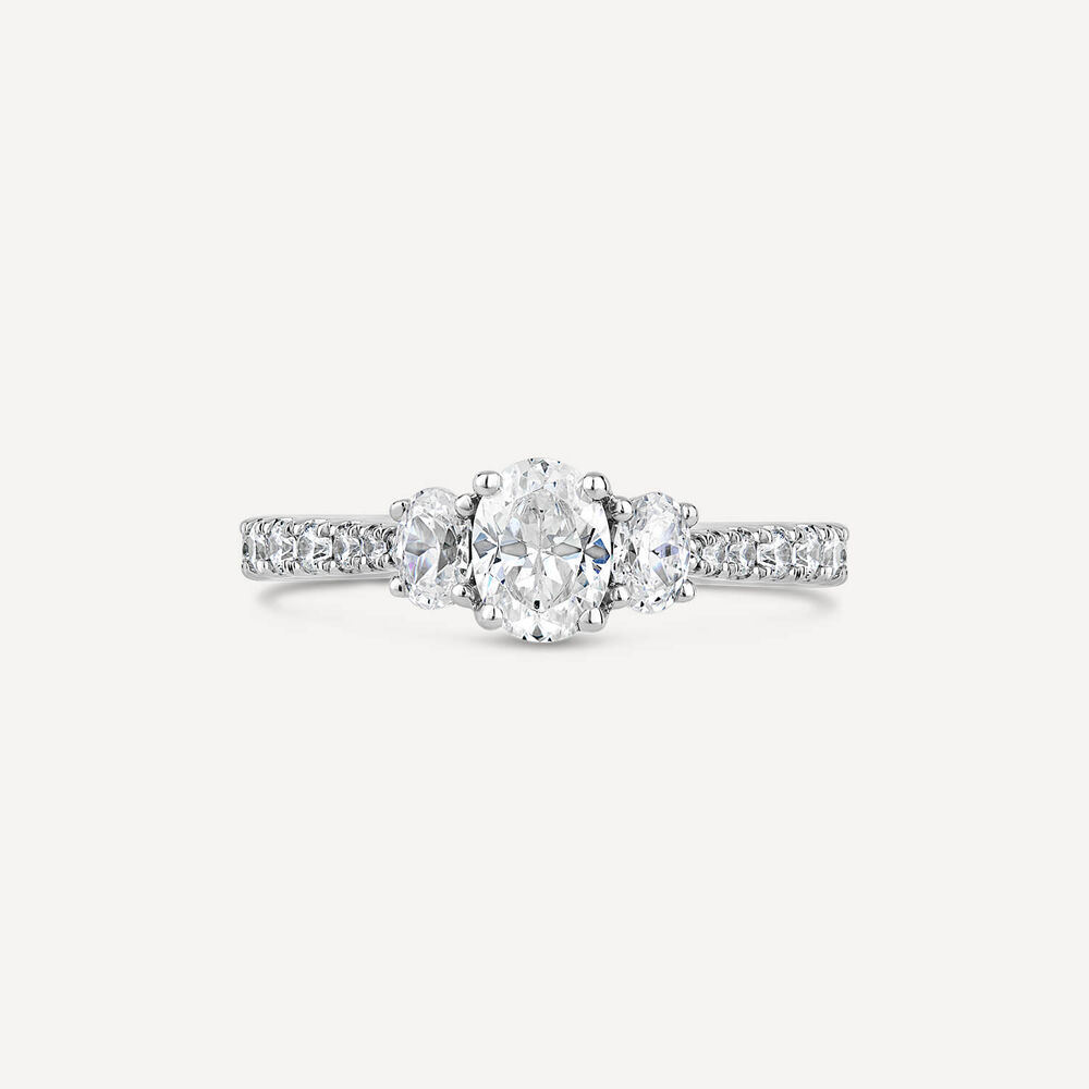 Kathy de Stafford 18ct White Gold Coco 3 Stone Oval Diamond 1ct Side Stone Set Shoulders Ring