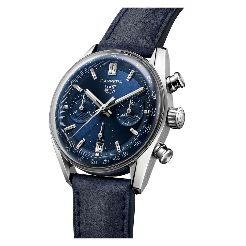 TAG Heuer Carrera Chronograph 39mm Blue Dial Leather Strap Watch image number 5