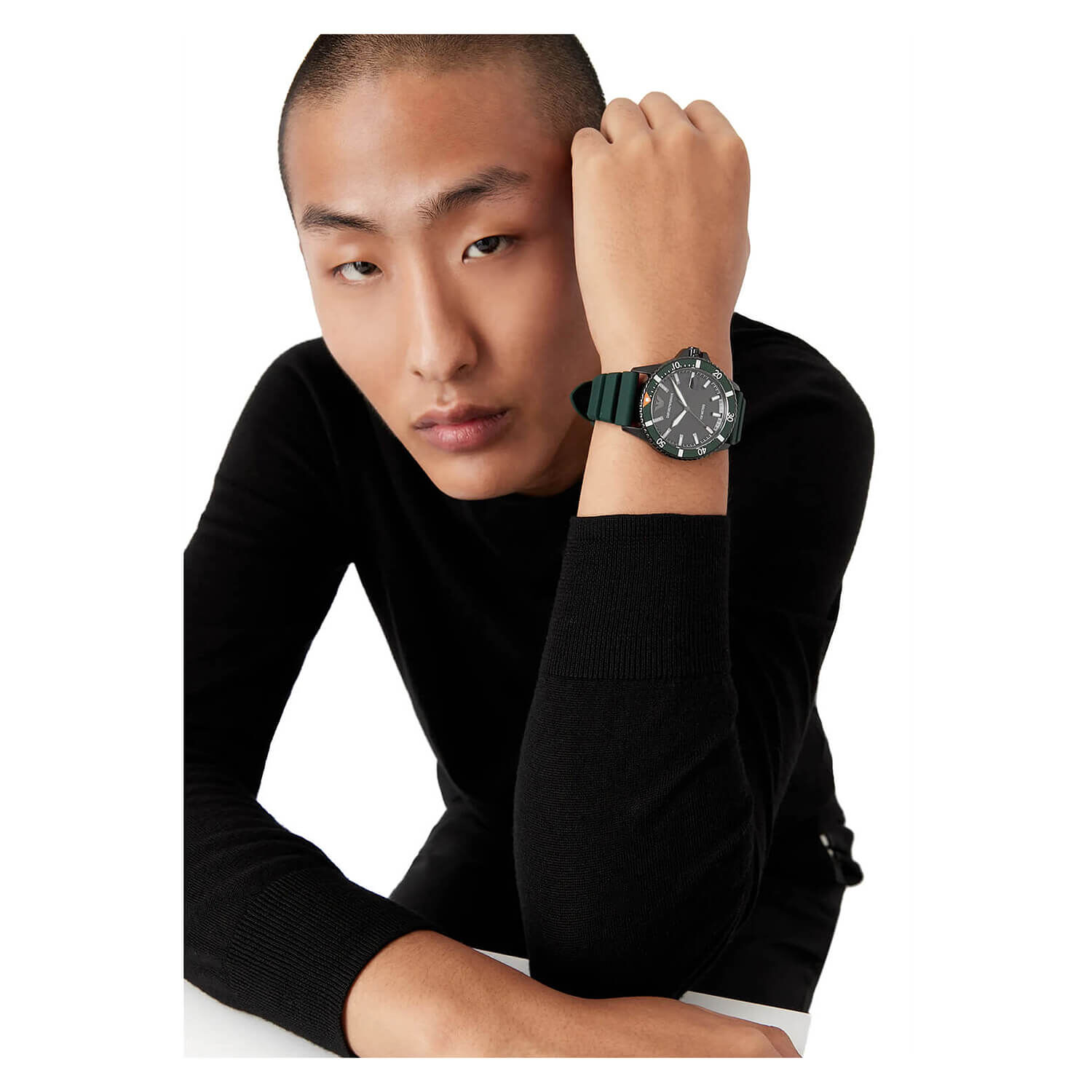 Armani Diver 42mm Black Dial Green Rubber Strap Watch