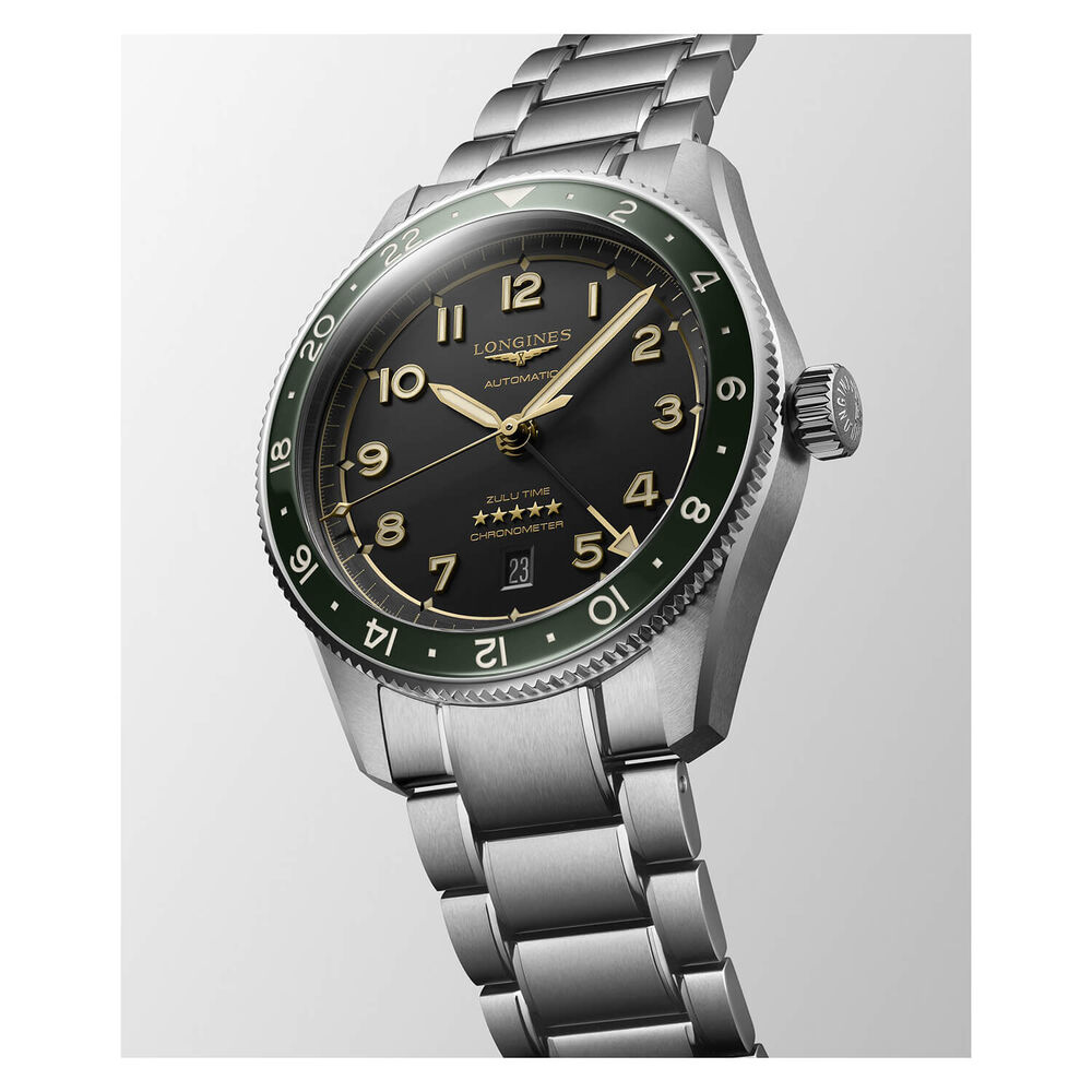 Longines Spirit Zulu 42mm Automatic Black Dial Green Bezel Steel Case Bracelet Watch image number 2