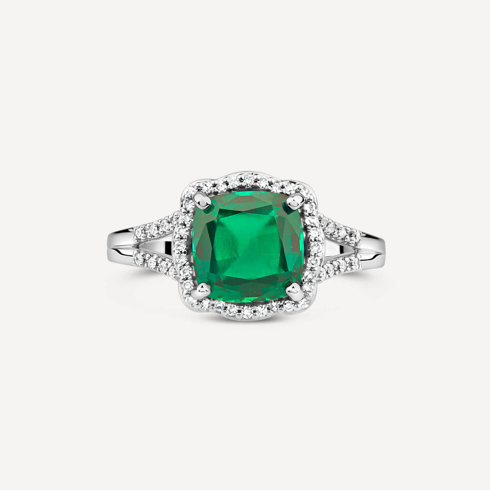 9ct White Gold 0.15ct Diamond and Created Emerald Cushion Halo Ring