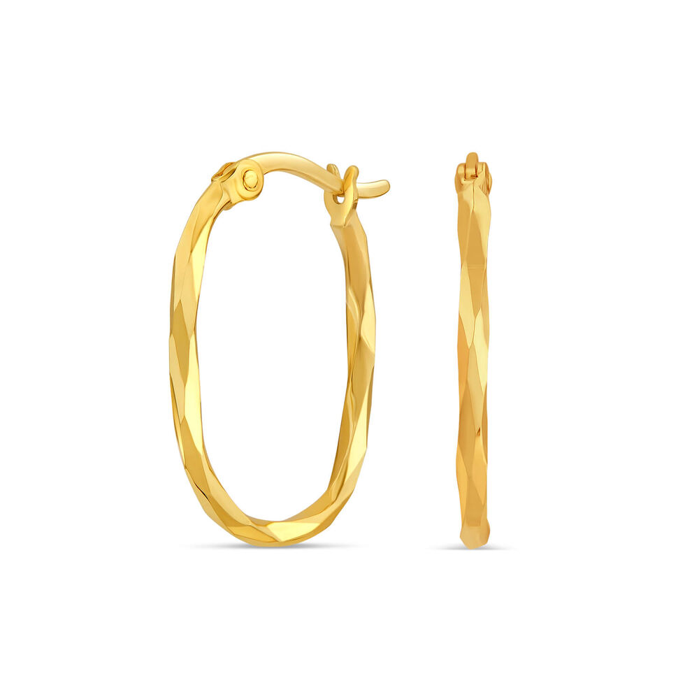 9ct Yellow Gold Mirror Diamond Cut Oval Hoop Earrings image number 0