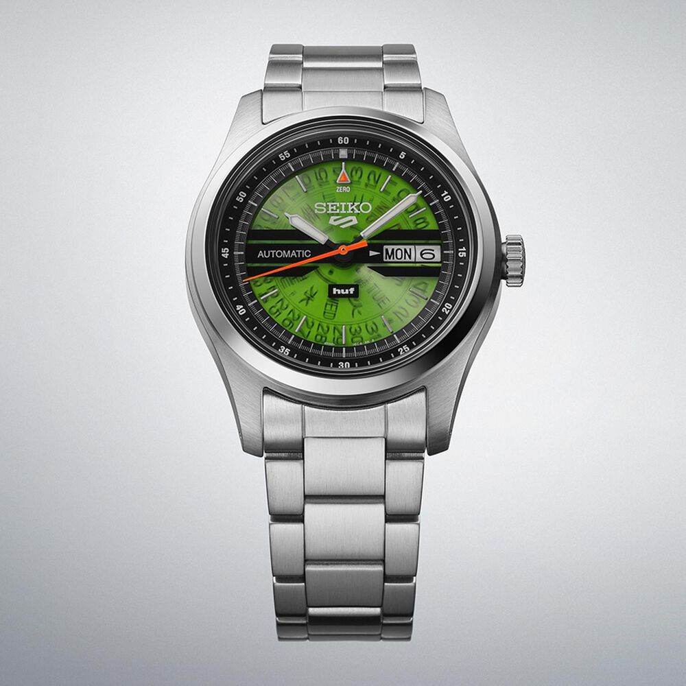 Seiko 5 Sports x HUF II Limited Edition Collaboration 39.4mm Green Dial Steel Bracelet Watch image number 3