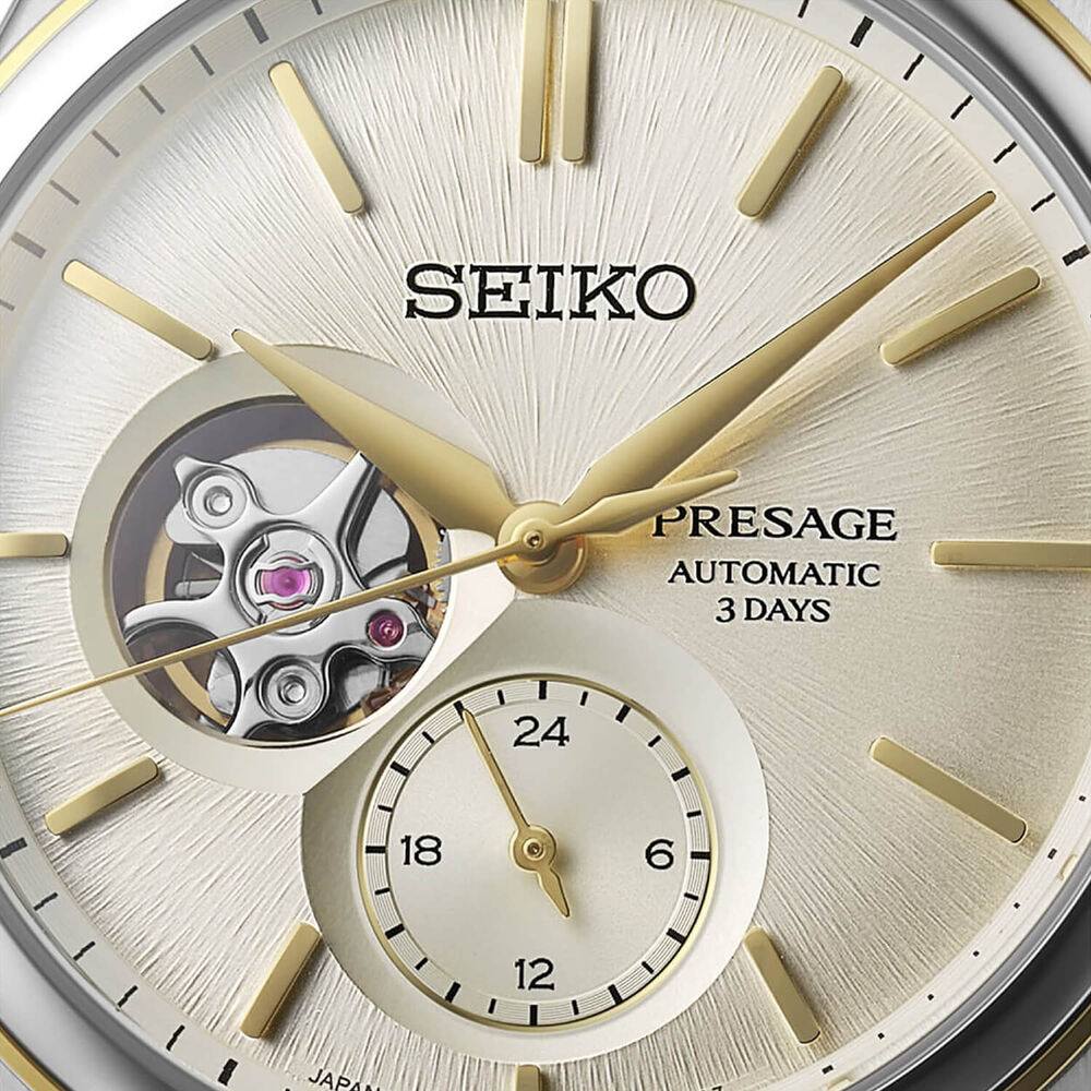 Seiko Presage Classic Series 40.2mm Open Heart Delicate Cream Silk Steel Bracelet Watch image number 1