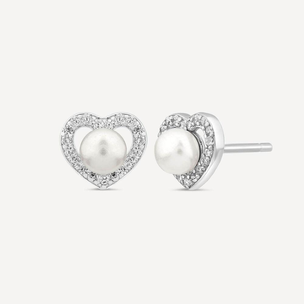 Sterling Silver 4.5-5mm Freshwater Pearl & Cubic Zirconia Heart Shaped Stud Earrings image number 1
