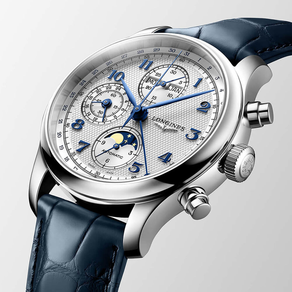 Longines Master Collection Chrono Monopusher 41mm Blue Barleycorn Dial Leather Strap Watch