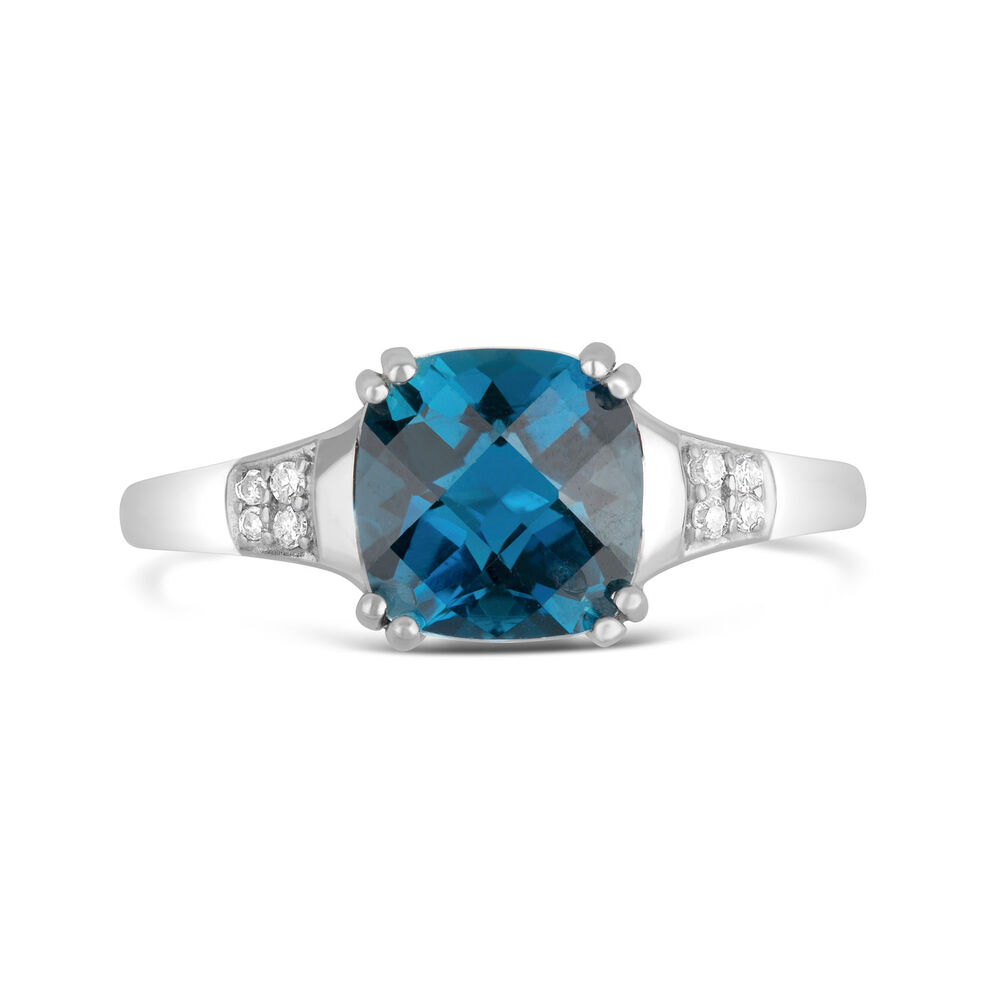 9ct White Gold 0.02ct Diamond Sides Cushion Blue Topaz Ring image number 1