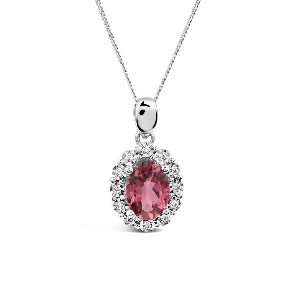 9ct White Gold Oval Pink Tourmaline Centre 0.05ct Diamond Cluster Pendant