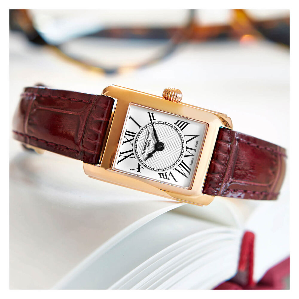 Pre-Owned Frederique Constant Classics Carree Square Silver Dial Red Leather Strap Watch image number 3