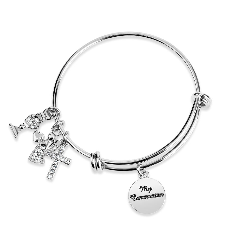 Sterling Silver & Crystal Communion Charm Bangle image number 1