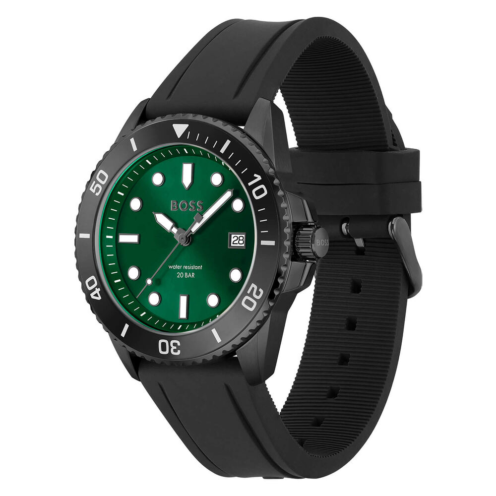 BOSS Ace 43mm Quartz Green Dial Black IP Case Black Rubber Strap Watch