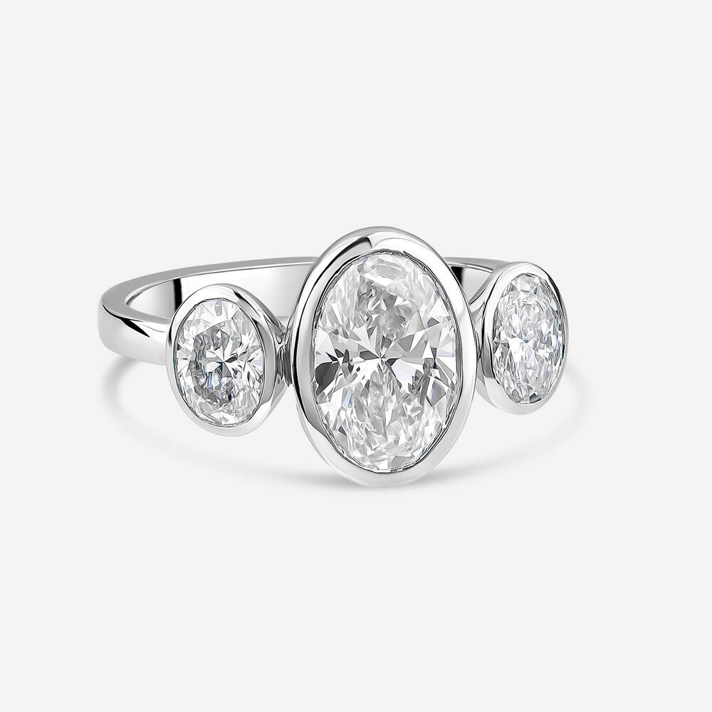 Born Platinum Lab Grown 2.80ct Oval Diamond Three Stone Bezel Set Ring image number 2