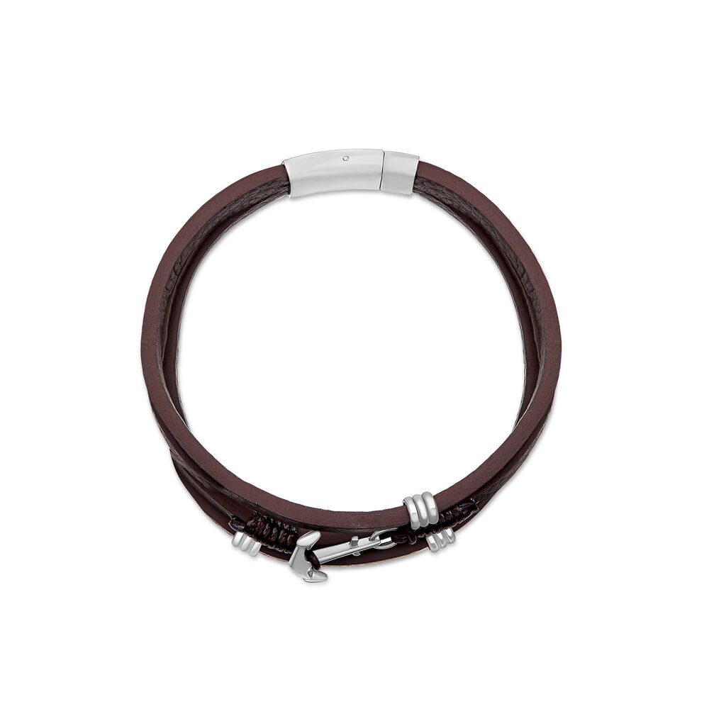 Men's Steel & Brown Leather Triple Wrap Anchor Bracelet image number 0