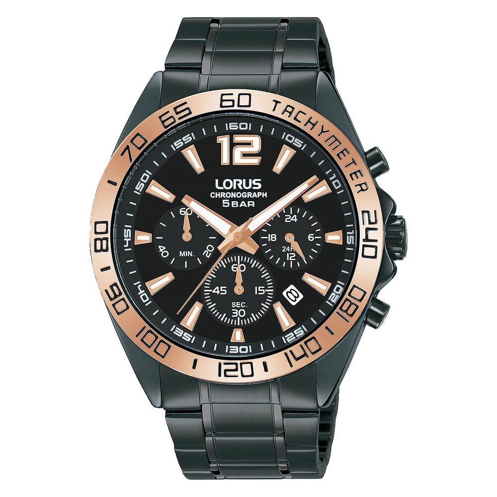 Lorus Black & Rose Gold Chronograph Dial Black Ion Plated Mens Watch