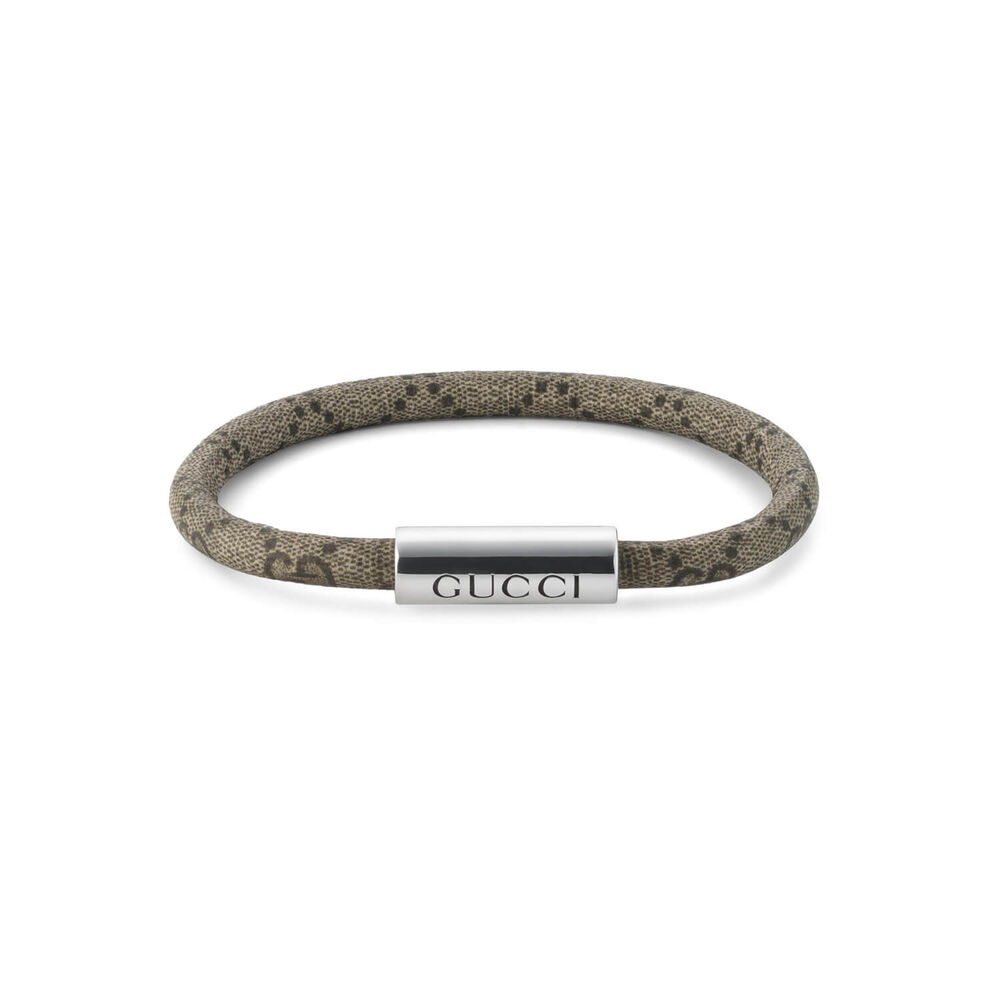 Gucci Trademark Supreme Beige & Ebony Canvas Sterling Silver Tag Bracelet (Size XL, 19cm)
