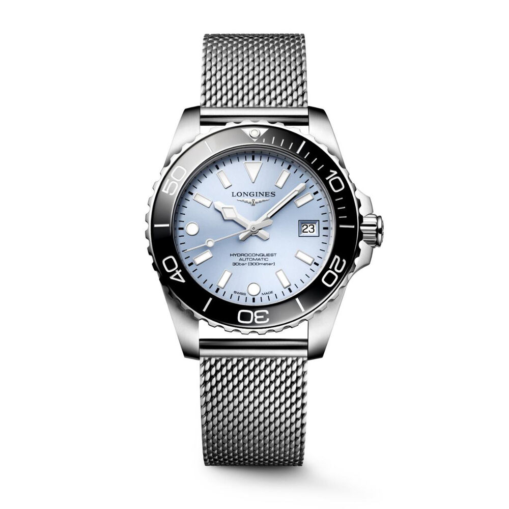 Longines HydroConquest 39mm Frosted Blue Dial Black Bezel Steel Mesh Bracelet Watch