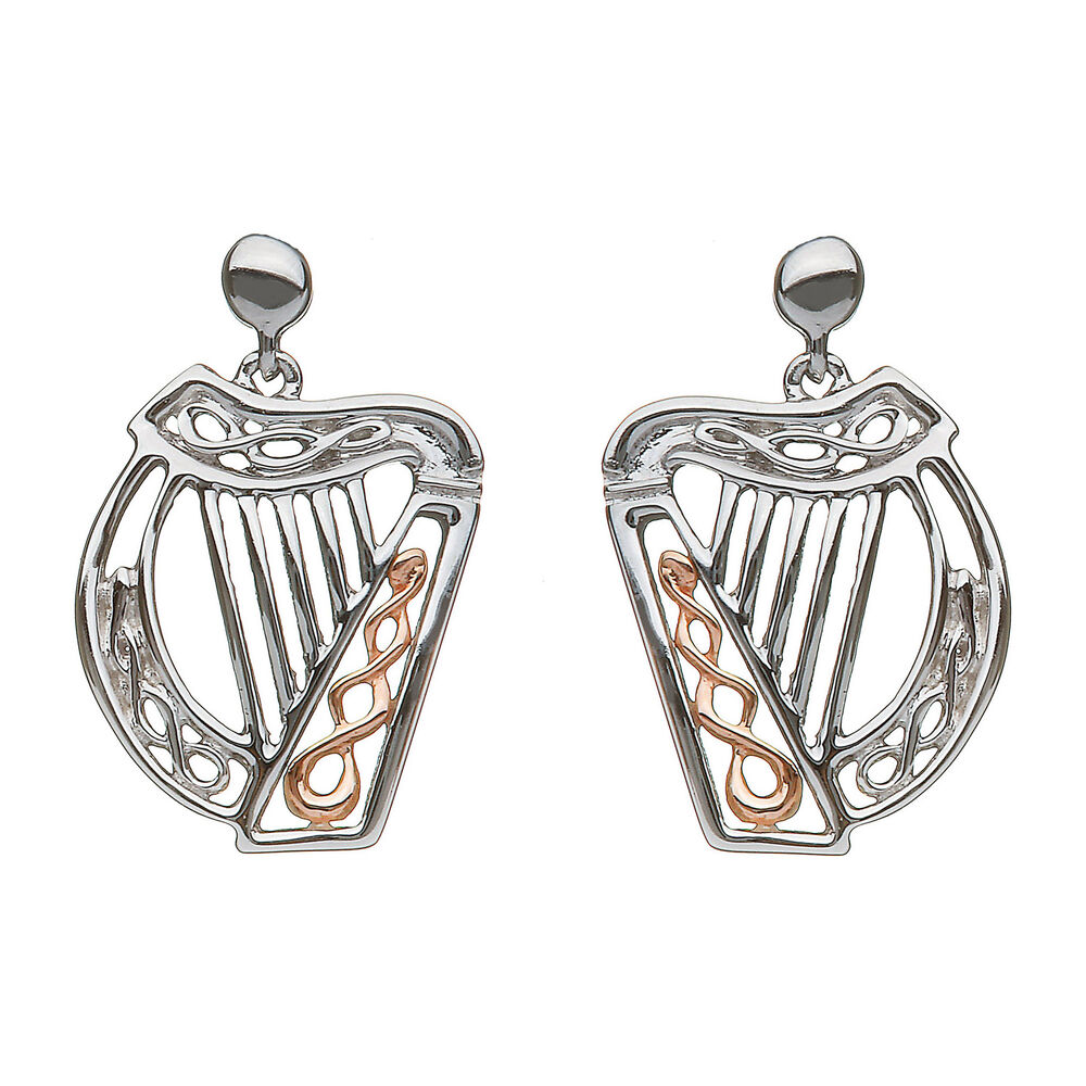 House of Lor 9ct Irish Rose Gold and Silver Celtic Knot Harp Earrings