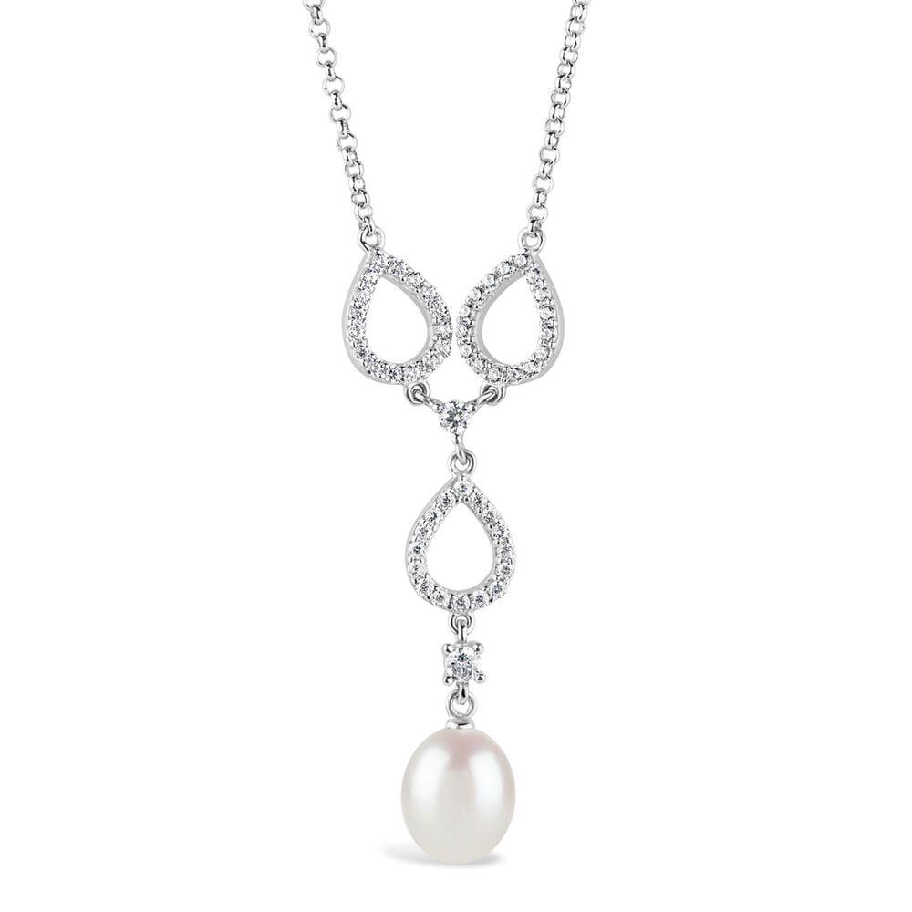 Sterling Silver Three Open Cubic Zirconia Pear With Pearl Drop Necklet image number 0