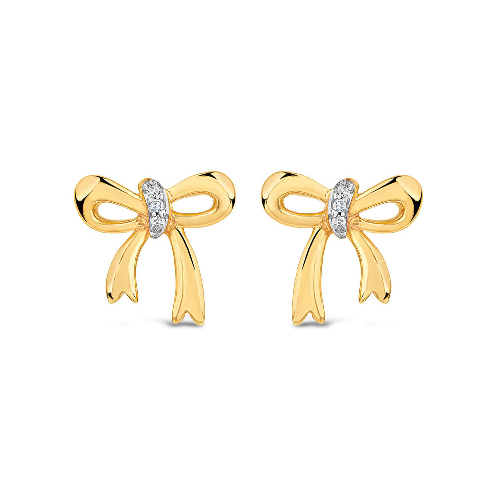 9ct Yellow Gold Diamond Bow Necklet & Stud Earring Set image number 2