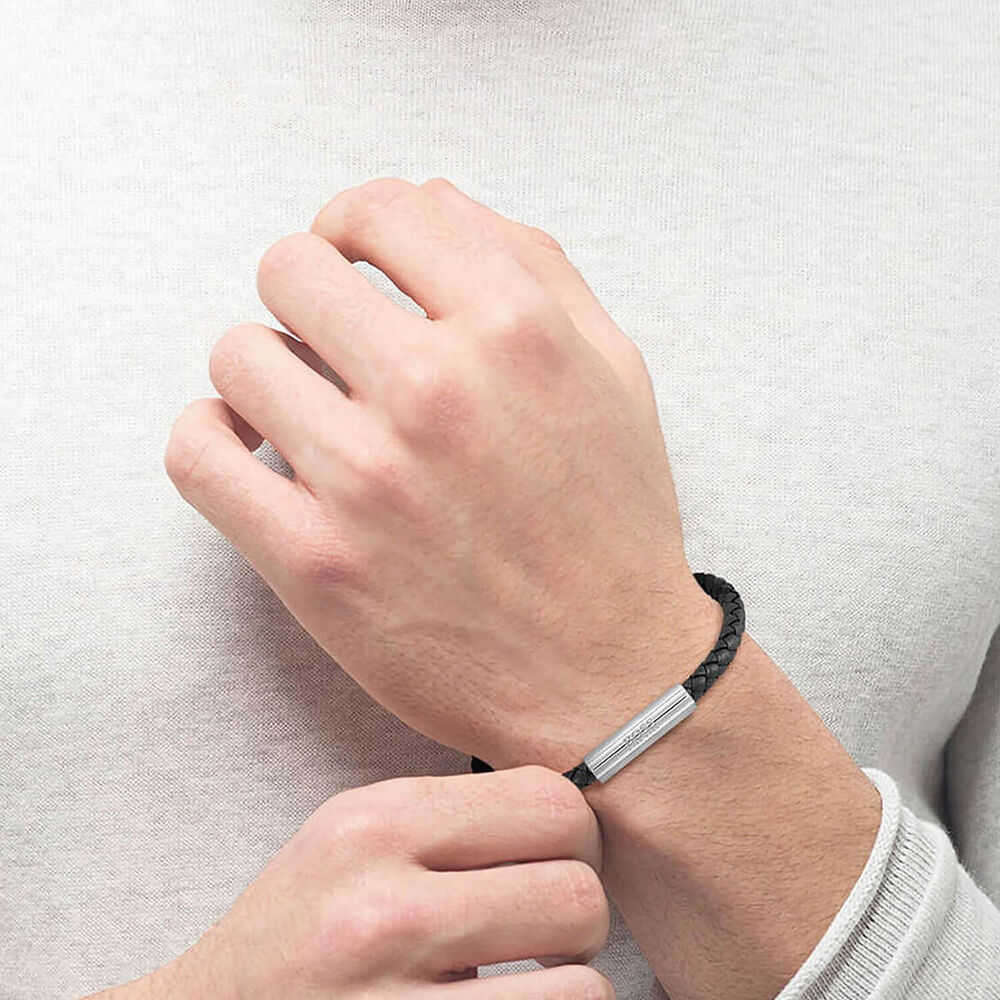 BOSS Braided Black Leather Mens Bracelet