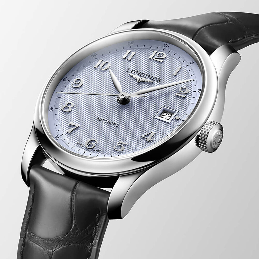 Longines Master Collection 39mm Light Blue Barleycorn Dial Anthracite Leather Strap Watch