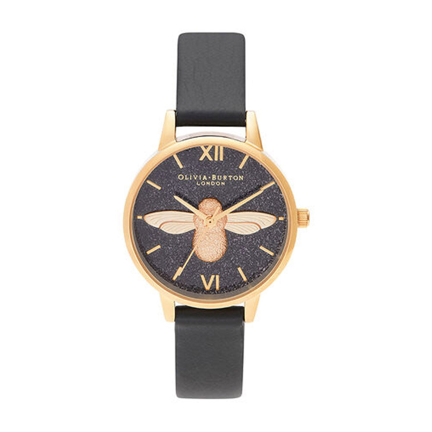 Olivia Burton Glitter 3D Bee Black Gold Toned Watch