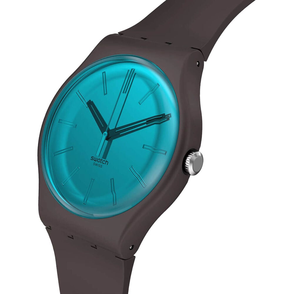 Swatch Dark Duality 41mm Blue Dial Brown Strap Watch