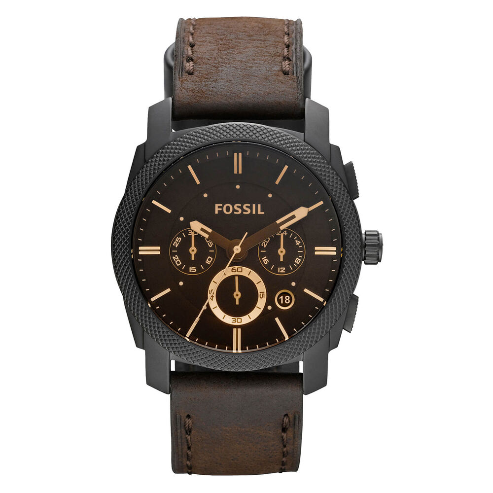 Fossil Machine 42mm Black Chronograph Dial Black PVD & Steel Case Brown Leather Strap Watch