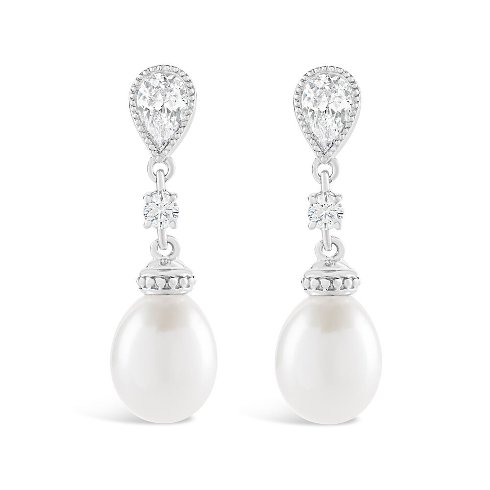 9ct White Gold Oval Freshwater Pearl and Cubic Zirconia Round and Pear Top Drop Earrings image number 0
