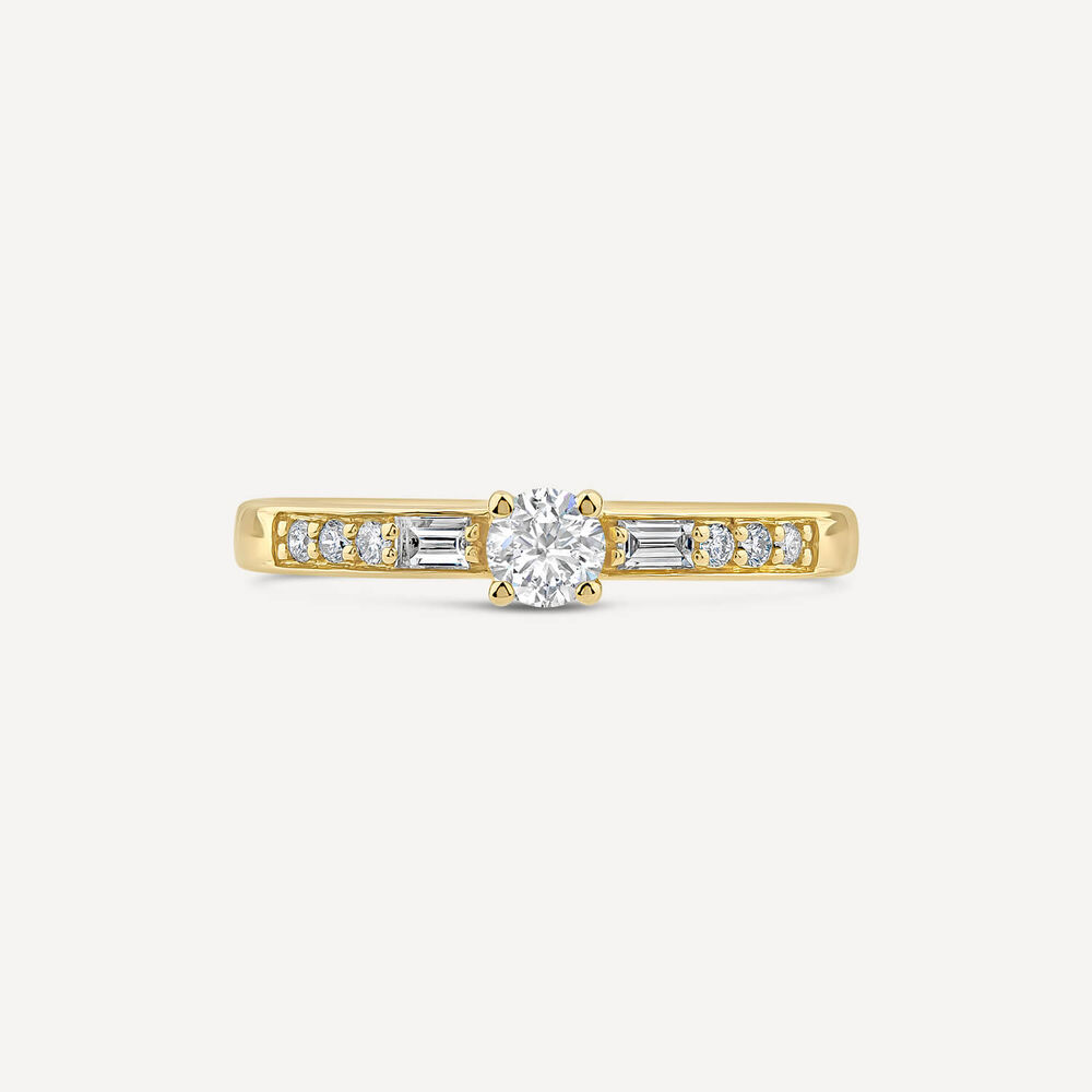 18ct Yellow Gold 0.37ct Solitaire & Baguette Shoulders Diamond Engagement Ring image number 1