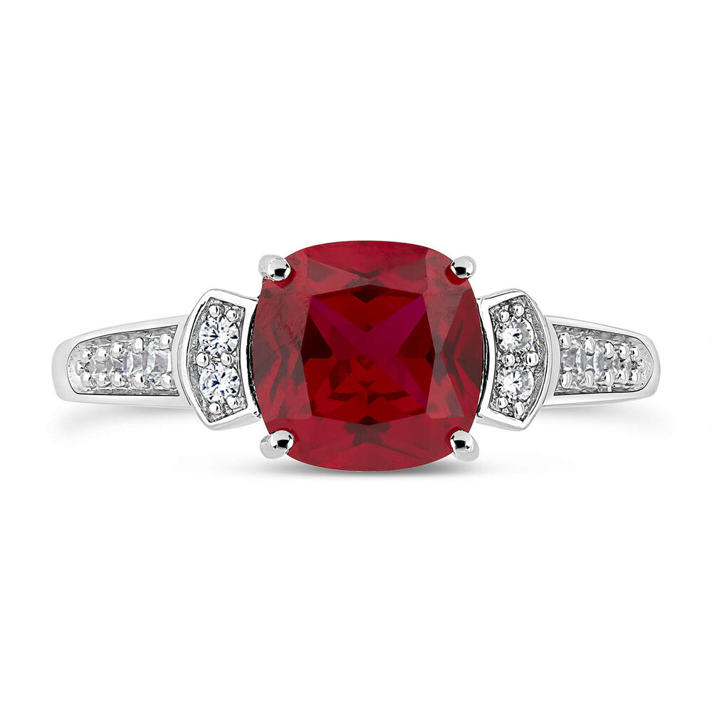 9ct White Gold Cushion Created Ruby With Cubic Zirconia Shoulders & Ladies Ring